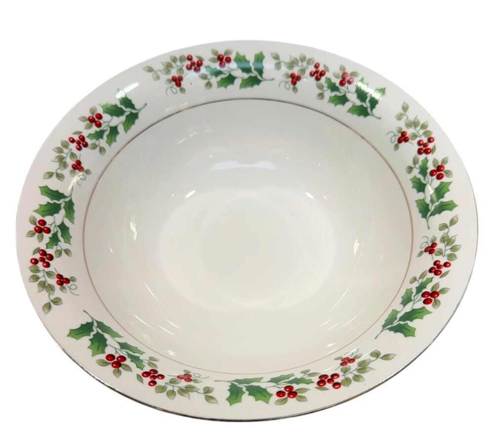 Gibson Holly Berry 9" Round Vegetable Serving Bowl Christmas Gold Trim